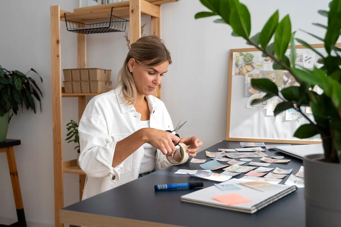 Mittlere Einstellung einer Frau, die ein Vision Board erstellt.
